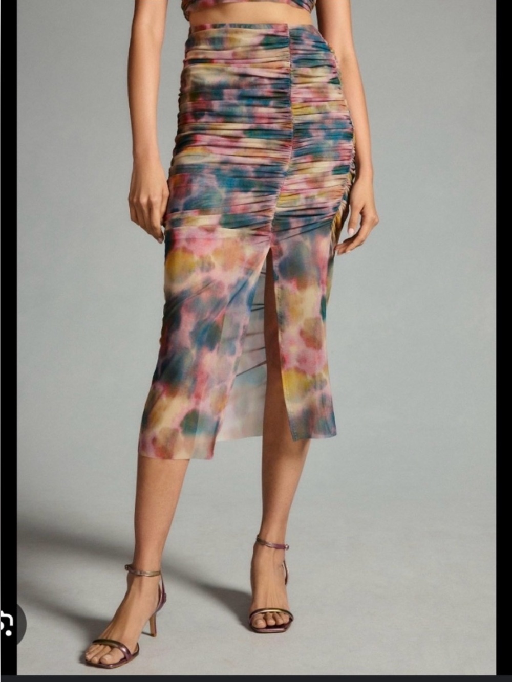 Anthropologie Ruched Midi Skirt - Multicolor Watercolor